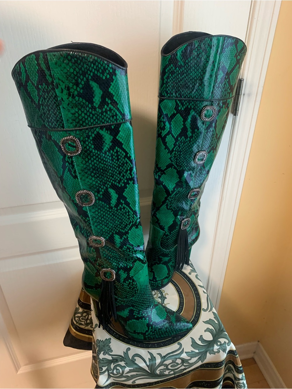 Green Snake-Print Knee-High Heeled Boots